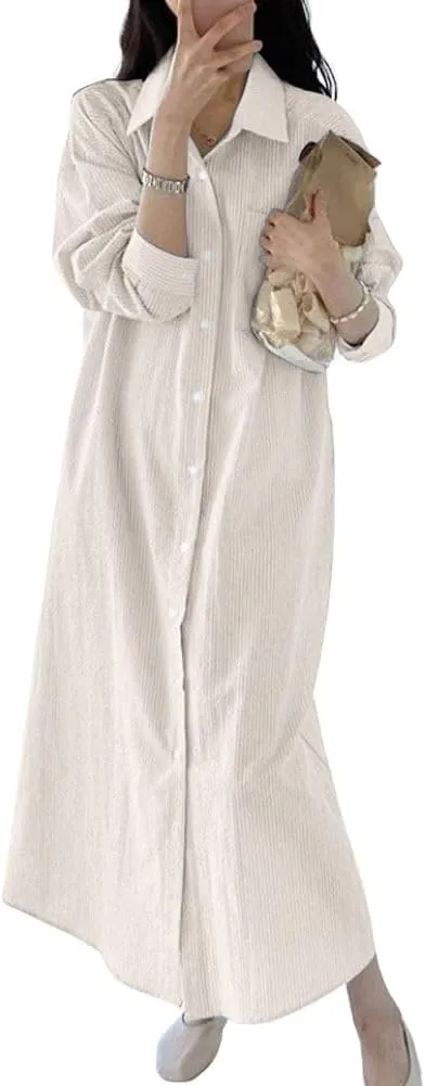 chouyatou Women's Casual Long Sleeve Button Down Striped Maxi Shirt Dress Vintage Pinstripe Tunic Shift Long Dress