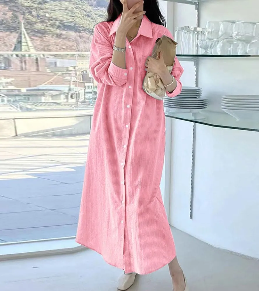 chouyatou Women's Casual Long Sleeve Button Down Striped Maxi Shirt Dress Vintage Pinstripe Tunic Shift Long Dress