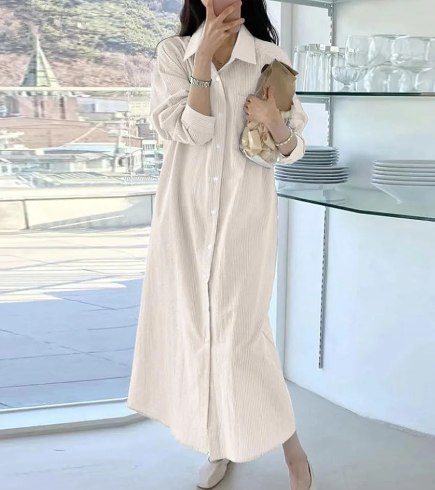 chouyatou Women's Casual Long Sleeve Button Down Striped Maxi Shirt Dress Vintage Pinstripe Tunic Shift Long Dress