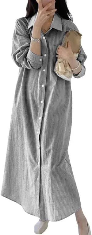 chouyatou Women's Casual Long Sleeve Button Down Striped Maxi Shirt Dress Vintage Pinstripe Tunic Shift Long Dress