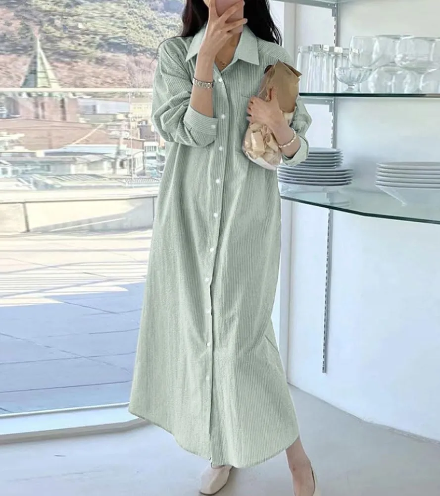 chouyatou Women's Casual Long Sleeve Button Down Striped Maxi Shirt Dress Vintage Pinstripe Tunic Shift Long Dress