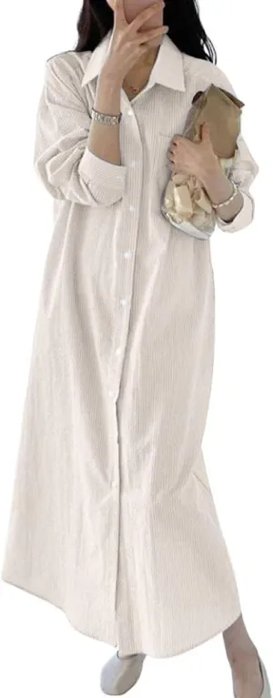 chouyatou Women's Casual Long Sleeve Button Down Striped Maxi Shirt Dress Vintage Pinstripe Tunic Shift Long Dress