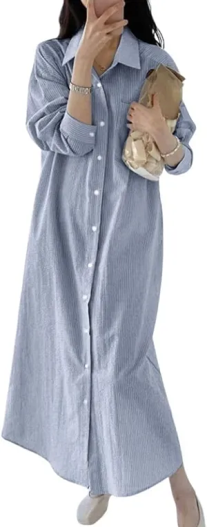 chouyatou Women's Casual Long Sleeve Button Down Striped Maxi Shirt Dress Vintage Pinstripe Tunic Shift Long Dress