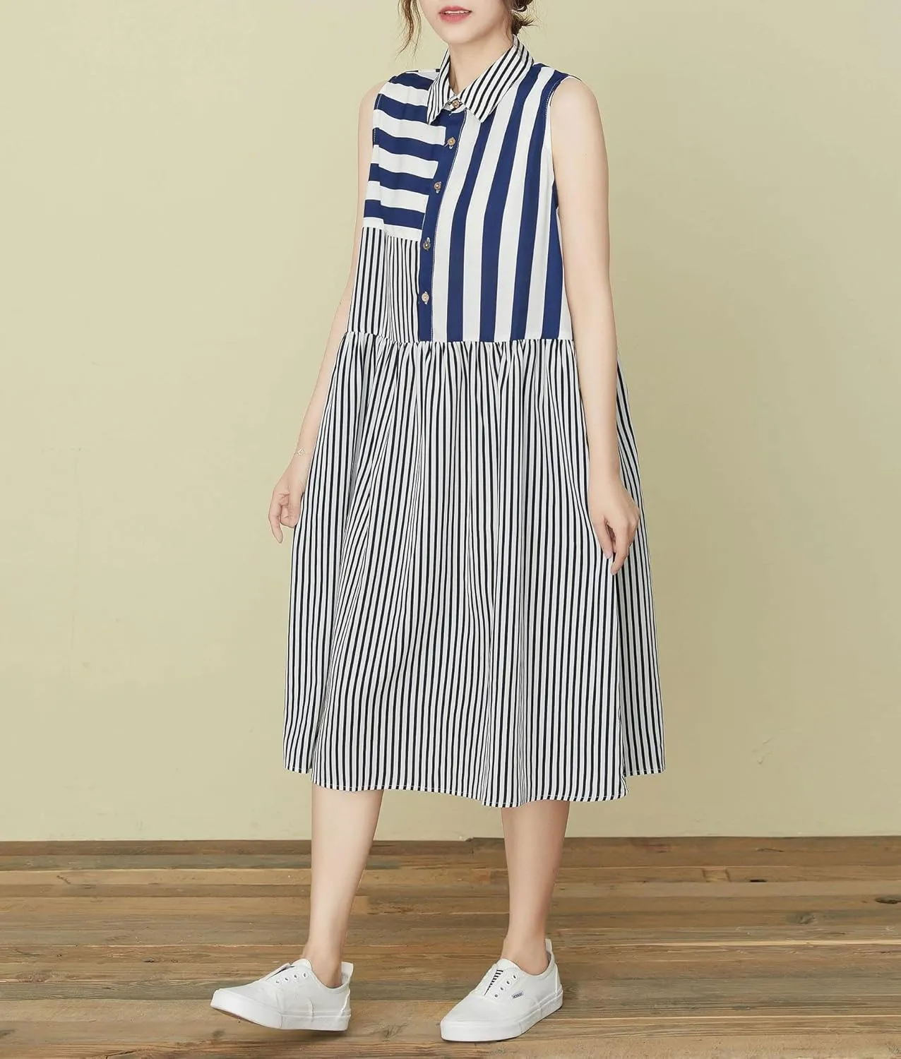 chouyatou Women's Color Block Striped Sleeveless Shirt Dress Button Up Babydoll Tunic Midi Long Dress with Pockets