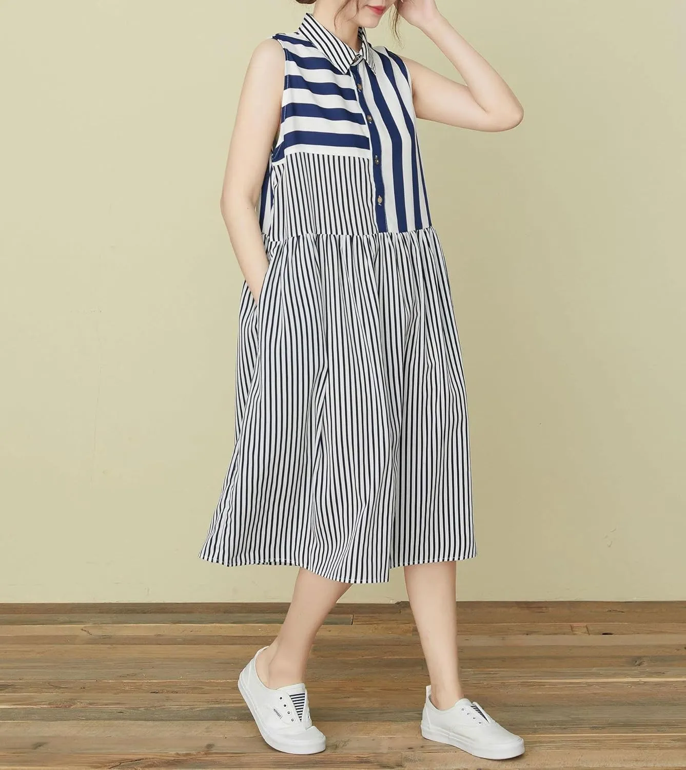 chouyatou Women's Color Block Striped Sleeveless Shirt Dress Button Up Babydoll Tunic Midi Long Dress with Pockets
