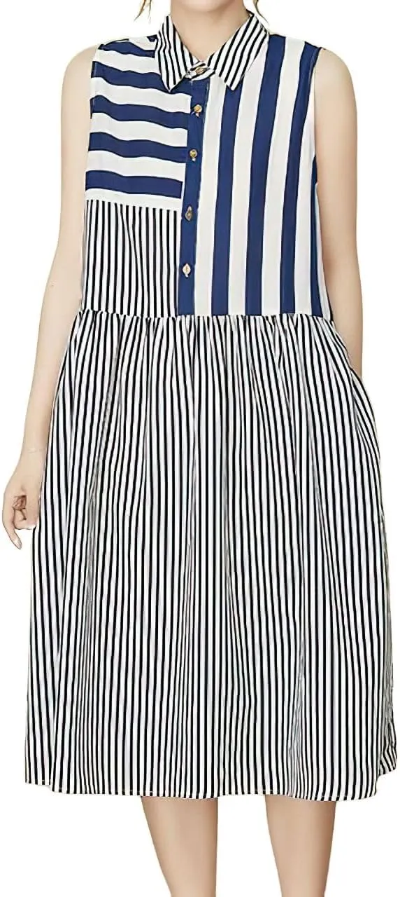 chouyatou Women's Color Block Striped Sleeveless Shirt Dress Button Up Babydoll Tunic Midi Long Dress with Pockets
