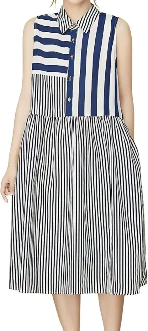chouyatou Women's Color Block Striped Sleeveless Shirt Dress Button Up Babydoll Tunic Midi Long Dress with Pockets