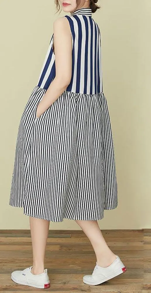 chouyatou Women's Color Block Striped Sleeveless Shirt Dress Button Up Babydoll Tunic Midi Long Dress with Pockets