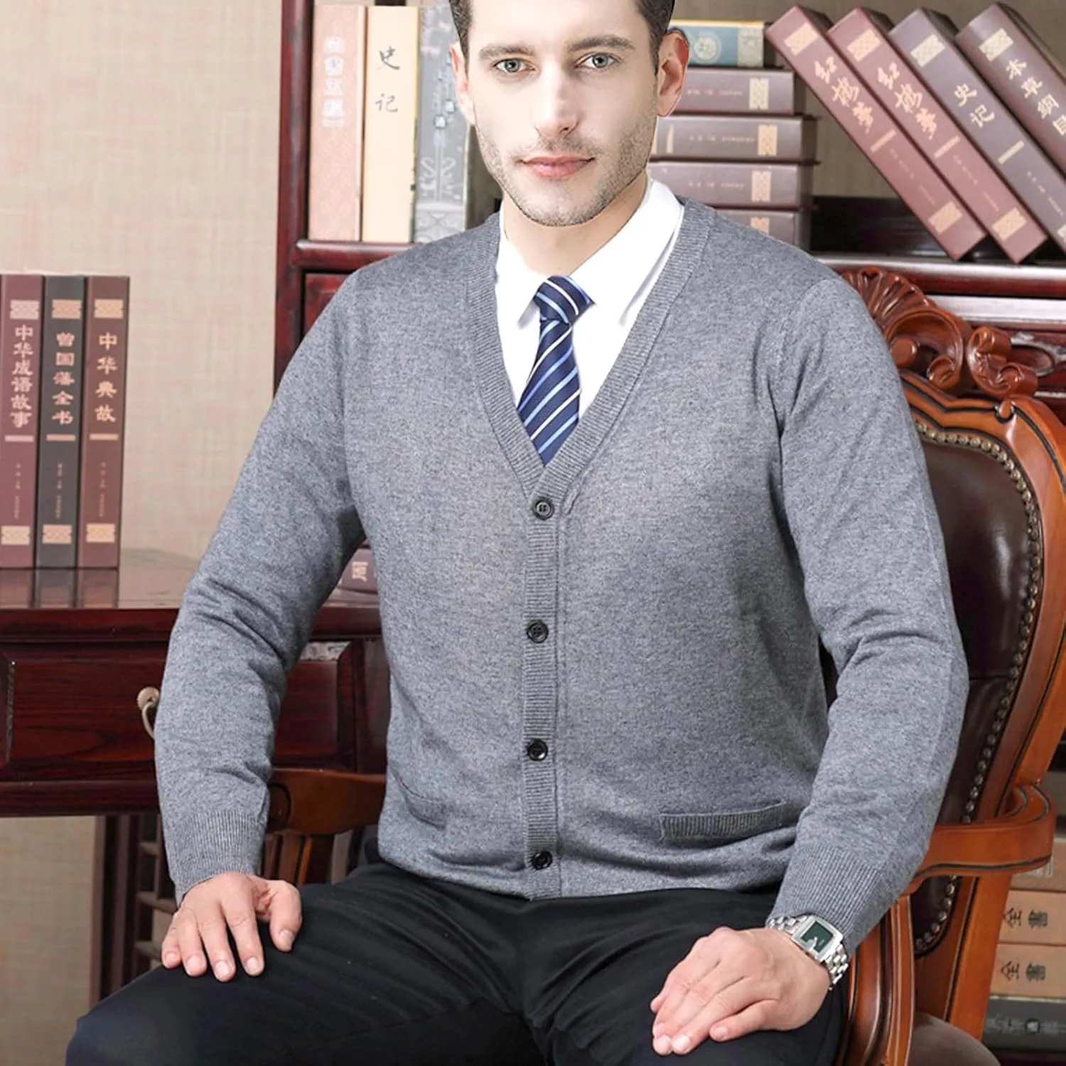 Ciormis Men's Cardigan Sweaters with Buttons - Casual V Neck Long Sleeve Knitted Knitted Sweater with Pockets