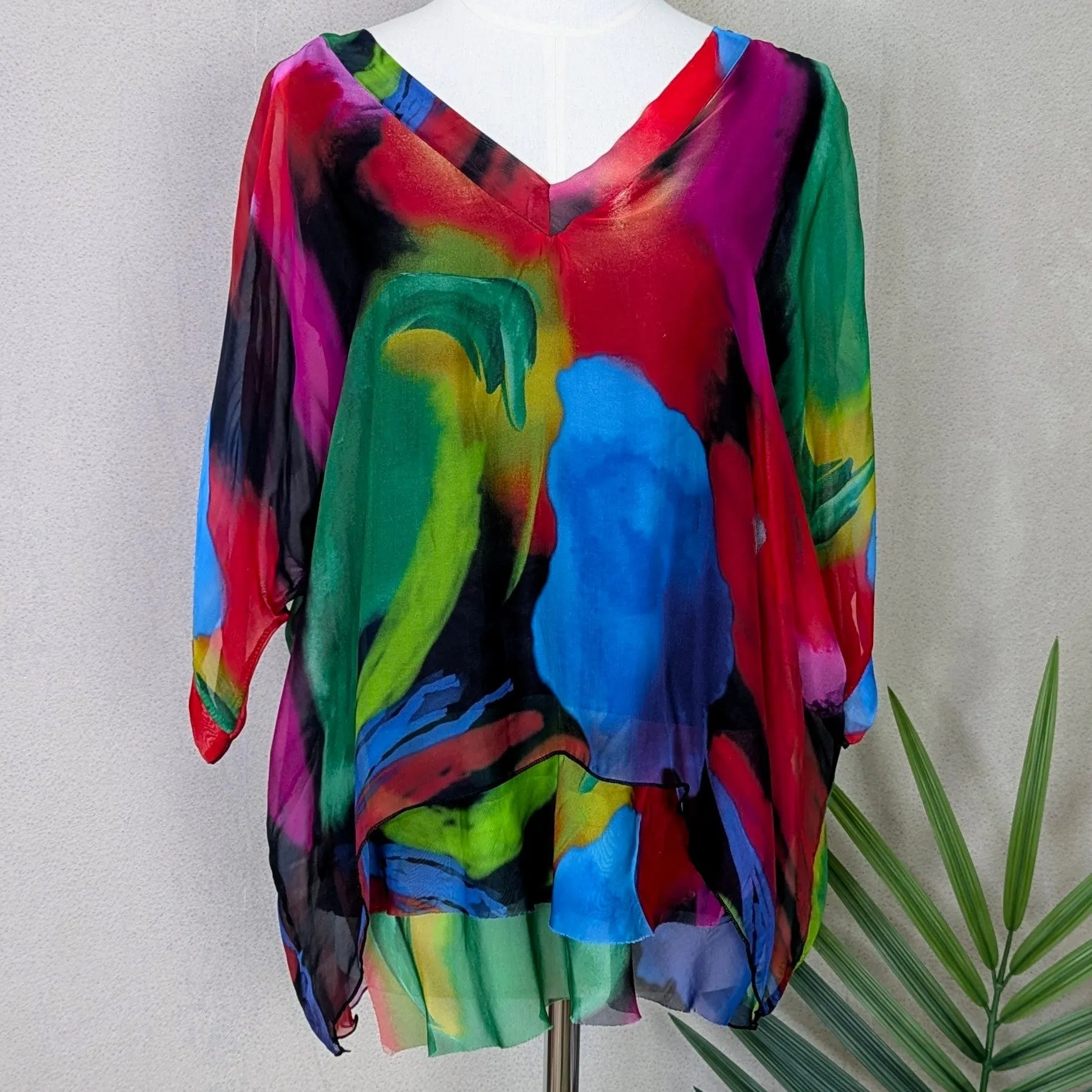 Colour swirl digital print silk mix V-neck and V-back top (S-M)