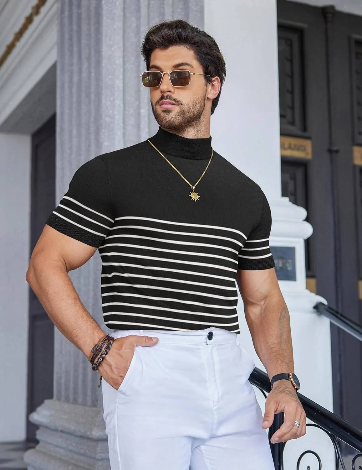 COOFANDY Mens Mock Turtleneck Sweater Short Sleeve Casual Dress Sweater Slim Fit Pullover Basic Knit Tee