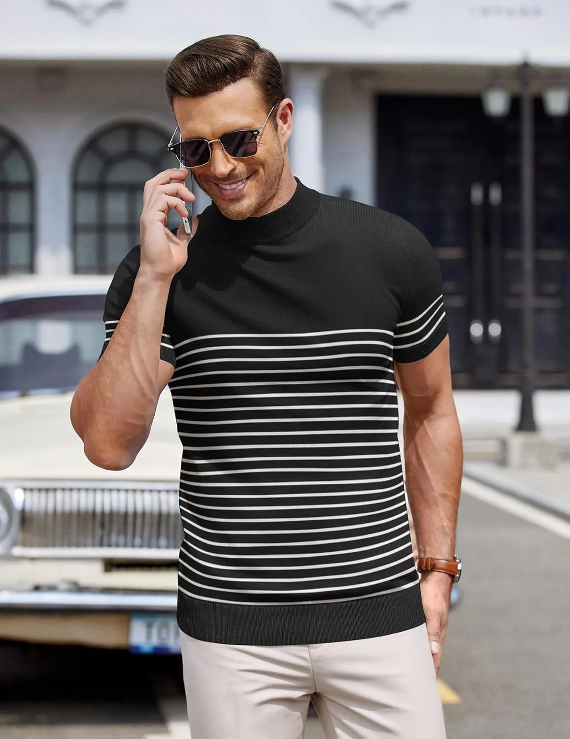 COOFANDY Mens Mock Turtleneck Sweater Short Sleeve Casual Dress Sweater Slim Fit Pullover Basic Knit Tee