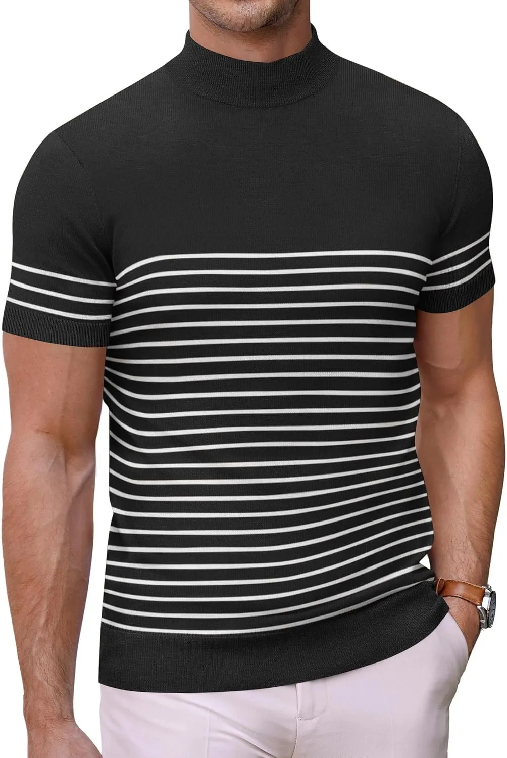 COOFANDY Mens Mock Turtleneck Sweater Short Sleeve Casual Dress Sweater Slim Fit Pullover Basic Knit Tee