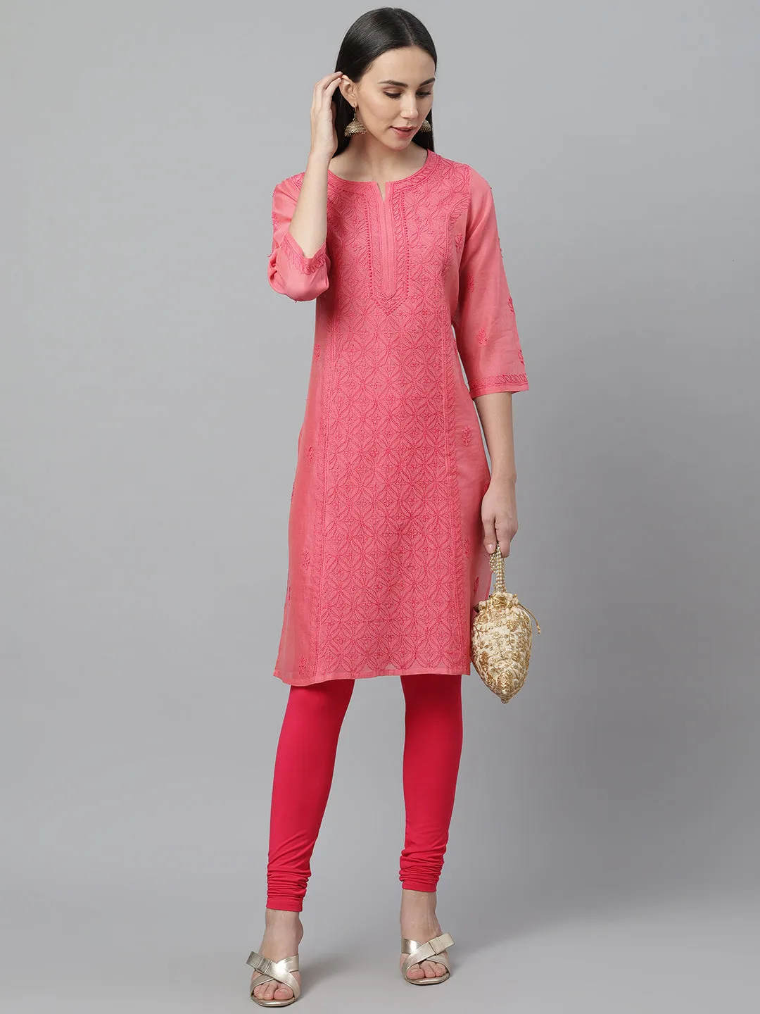 Coral Chanderi Chikankari Straight Kurta