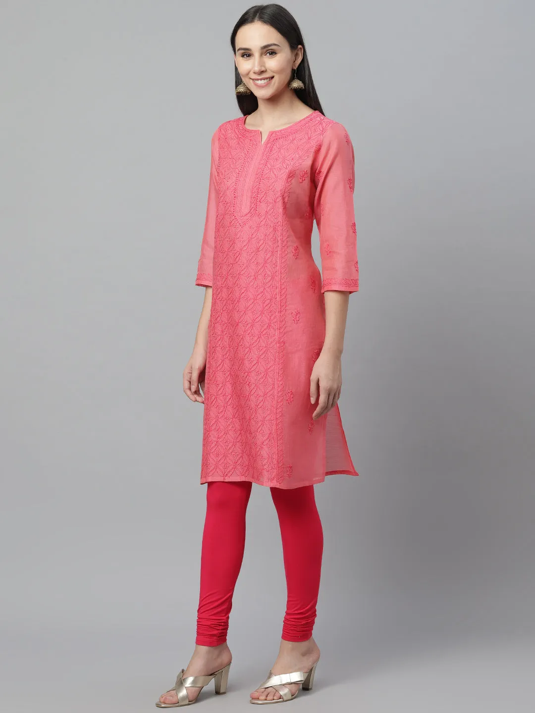 Coral Chanderi Chikankari Straight Kurta