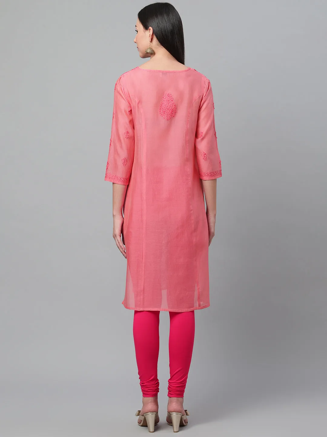 Coral Chanderi Chikankari Straight Kurta