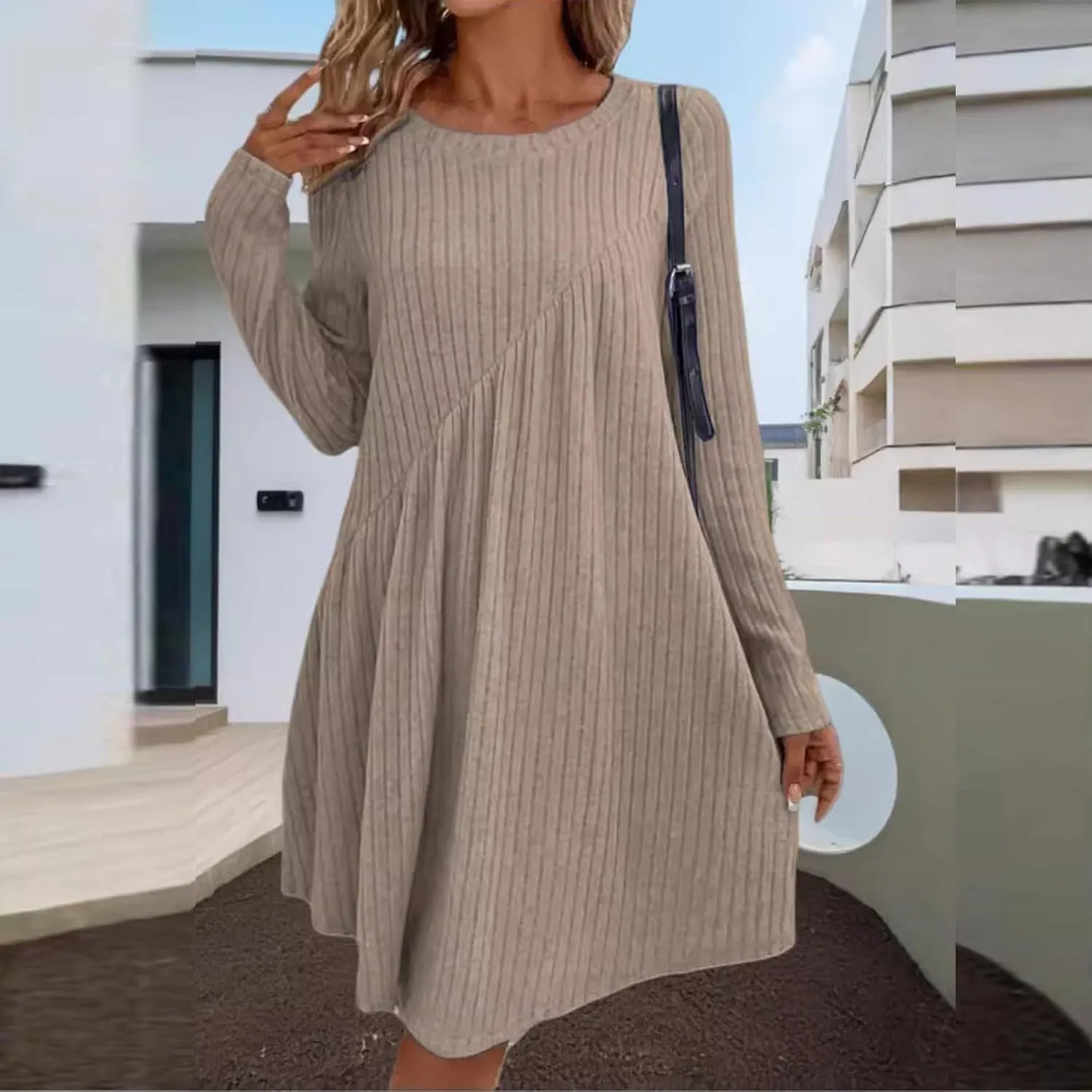 COTECRAM Fall Dresses for Women 2024 Trendy Round Neck Long Sleeve Casual Sweater Dress Spring Fashion Knit Tunic Dress