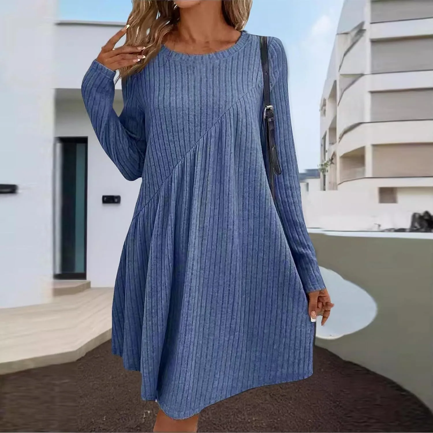 COTECRAM Fall Dresses for Women 2024 Trendy Round Neck Long Sleeve Casual Sweater Dress Spring Fashion Knit Tunic Dress