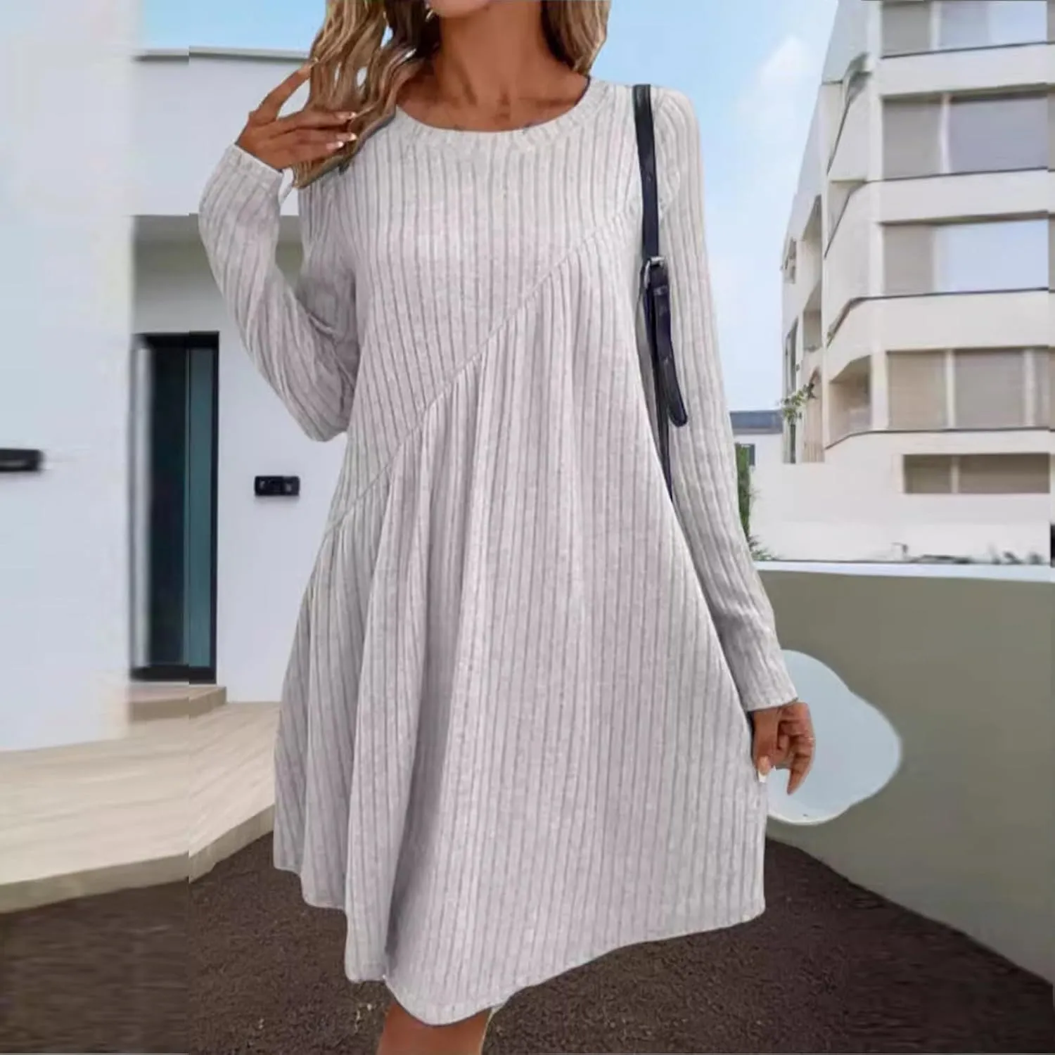 COTECRAM Fall Dresses for Women 2024 Trendy Round Neck Long Sleeve Casual Sweater Dress Spring Fashion Knit Tunic Dress