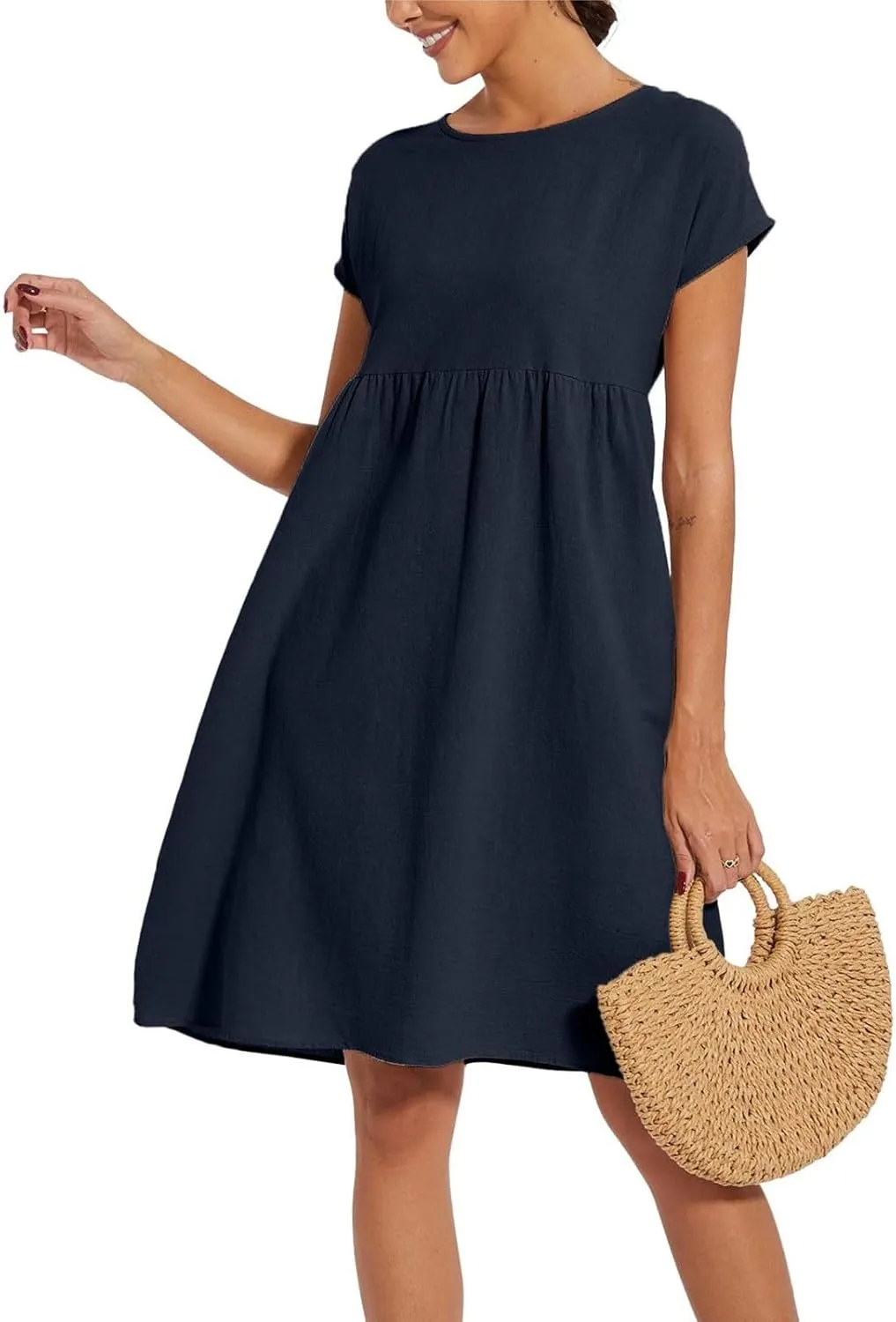 Cotton Dresses for Women 2025 Plus Size Short Sleeve Crewneck Linen Midi Dress with Pockets Summer Casual Sundress