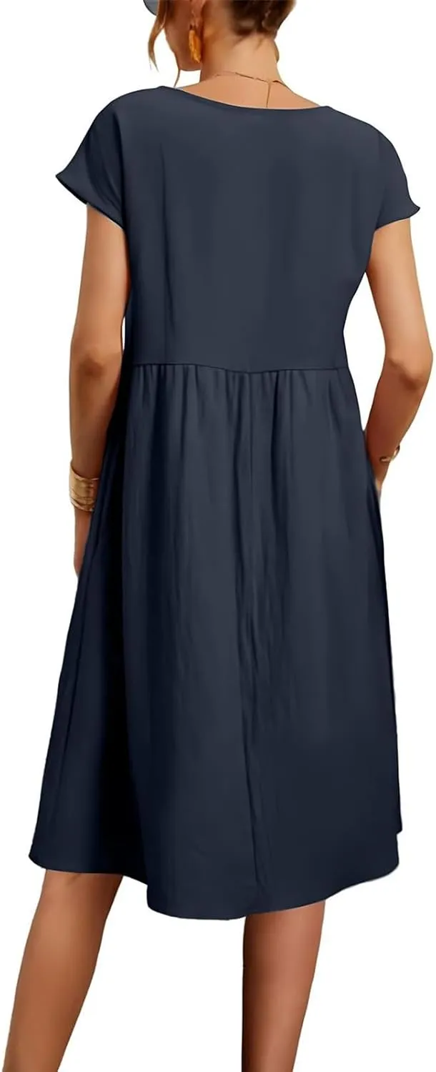 Cotton Dresses for Women 2025 Plus Size Short Sleeve Crewneck Linen Midi Dress with Pockets Summer Casual Sundress