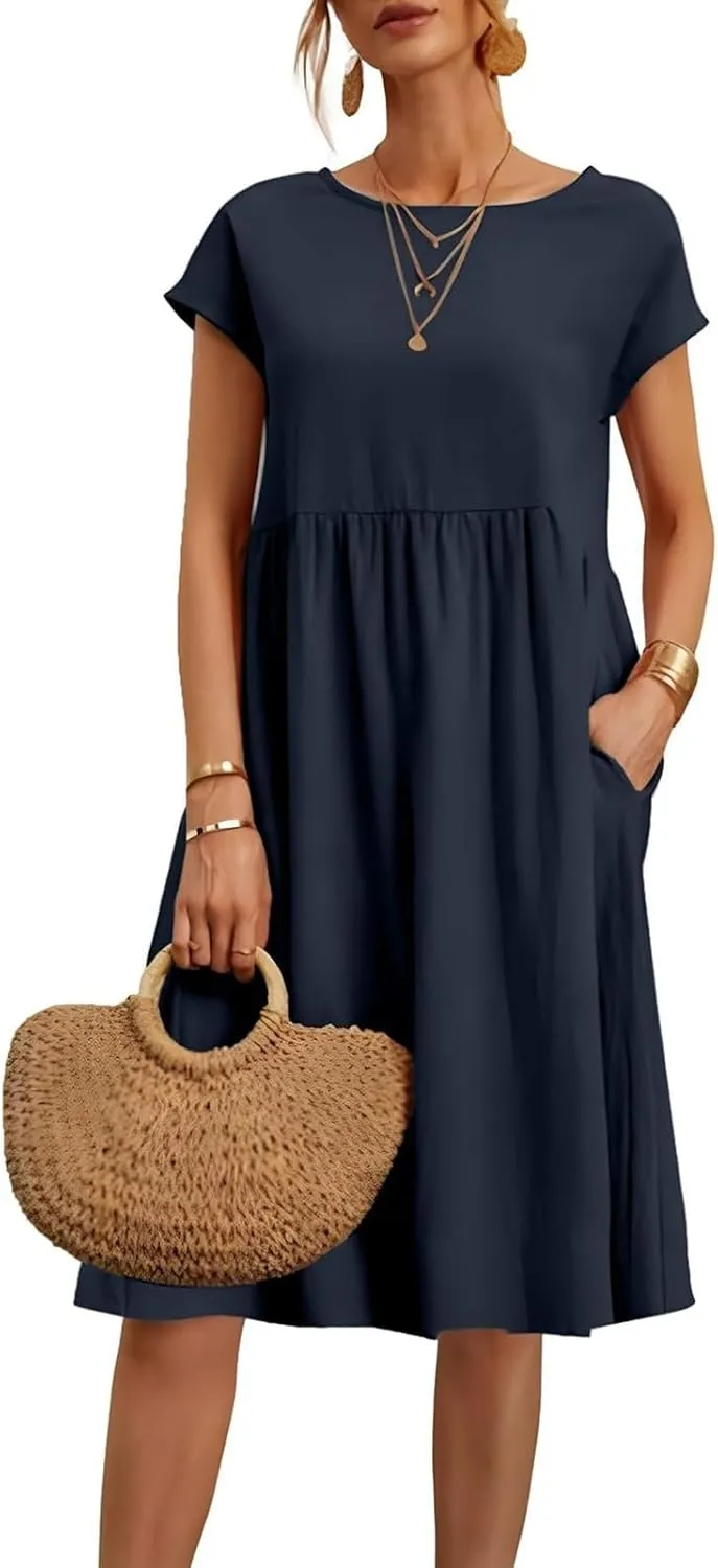Cotton Dresses for Women 2025 Plus Size Short Sleeve Crewneck Linen Midi Dress with Pockets Summer Casual Sundress
