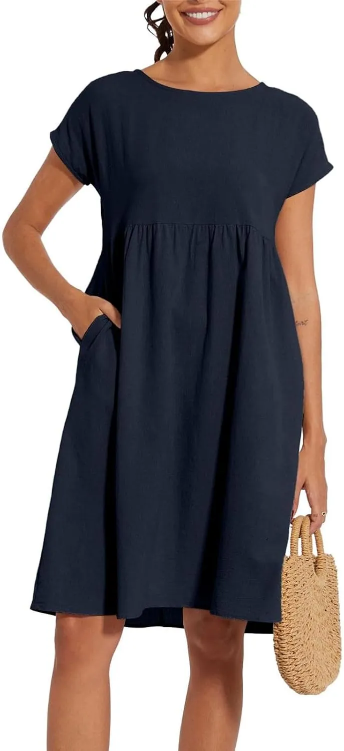 Cotton Dresses for Women 2025 Plus Size Short Sleeve Crewneck Linen Midi Dress with Pockets Summer Casual Sundress