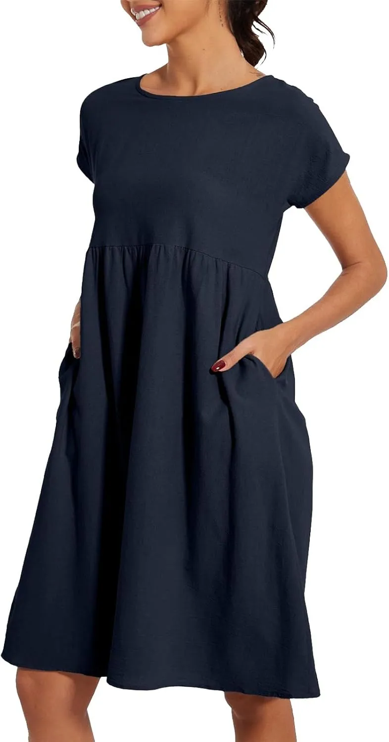 Cotton Dresses for Women 2025 Plus Size Short Sleeve Crewneck Linen Midi Dress with Pockets Summer Casual Sundress