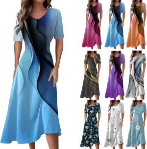 DOPOCQ Women's Spring Dresses 2024 Short Sleeve V Neck High Waist Chiffon Dress Summer Swing Maxi Dresses
