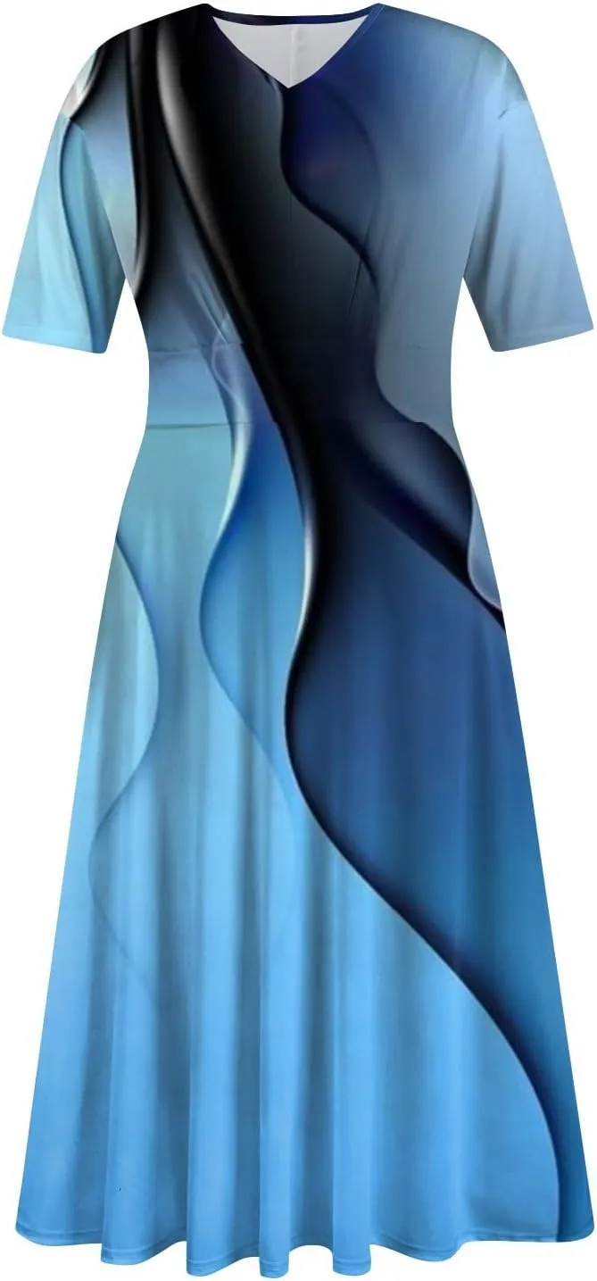 DOPOCQ Women's Spring Dresses 2024 Short Sleeve V Neck High Waist Chiffon Dress Summer Swing Maxi Dresses