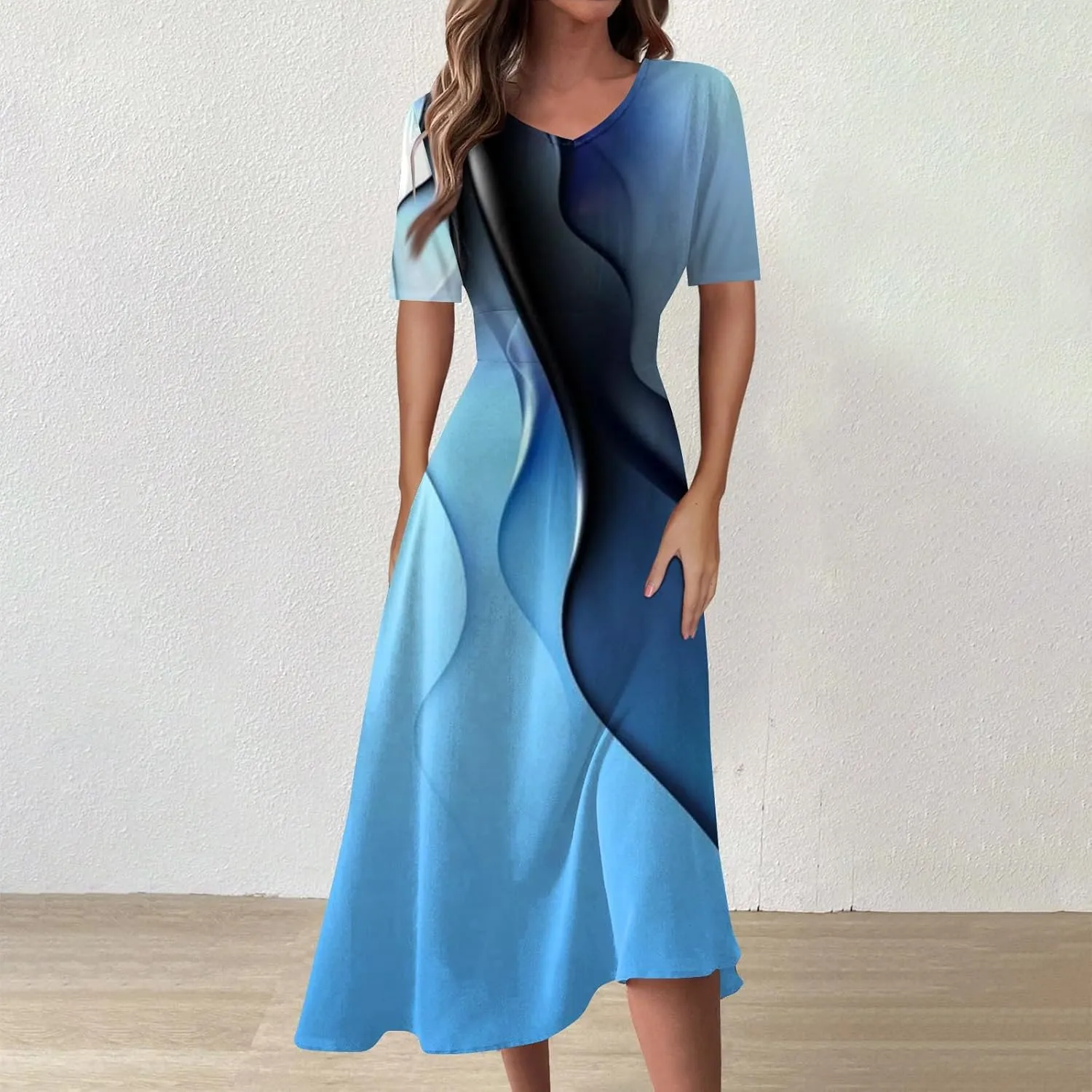 DOPOCQ Women's Spring Dresses 2024 Short Sleeve V Neck High Waist Chiffon Dress Summer Swing Maxi Dresses