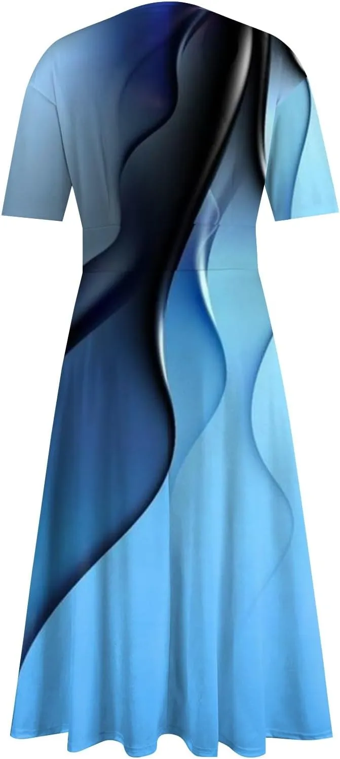 DOPOCQ Women's Spring Dresses 2024 Short Sleeve V Neck High Waist Chiffon Dress Summer Swing Maxi Dresses