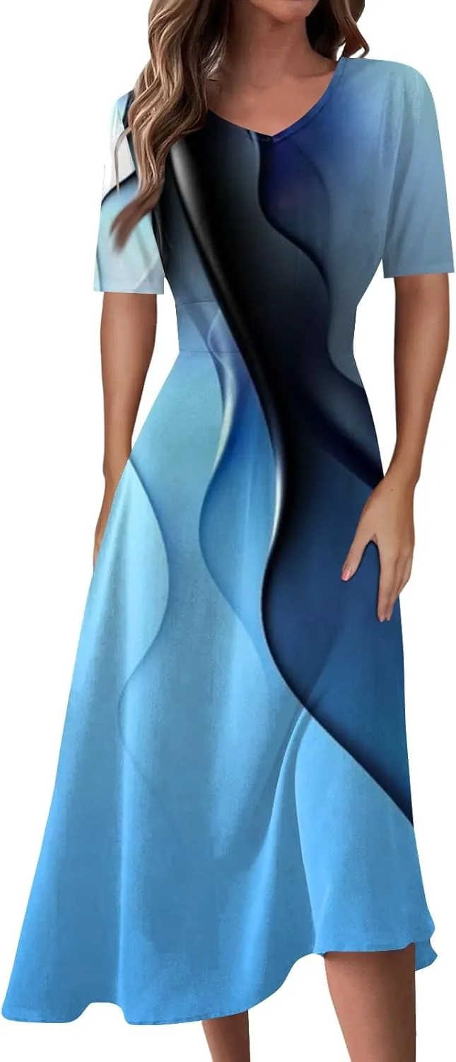 DOPOCQ Women's Spring Dresses 2024 Short Sleeve V Neck High Waist Chiffon Dress Summer Swing Maxi Dresses