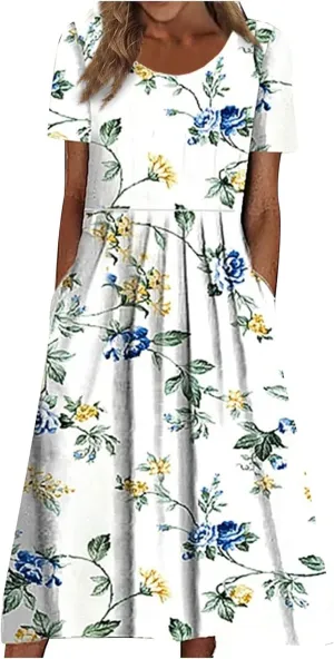 Dresses for Women 2025 Casual Summer Trendy Floral Dress Maxi Classy Sundresses Vacation Short Sleeve Sundress A Line