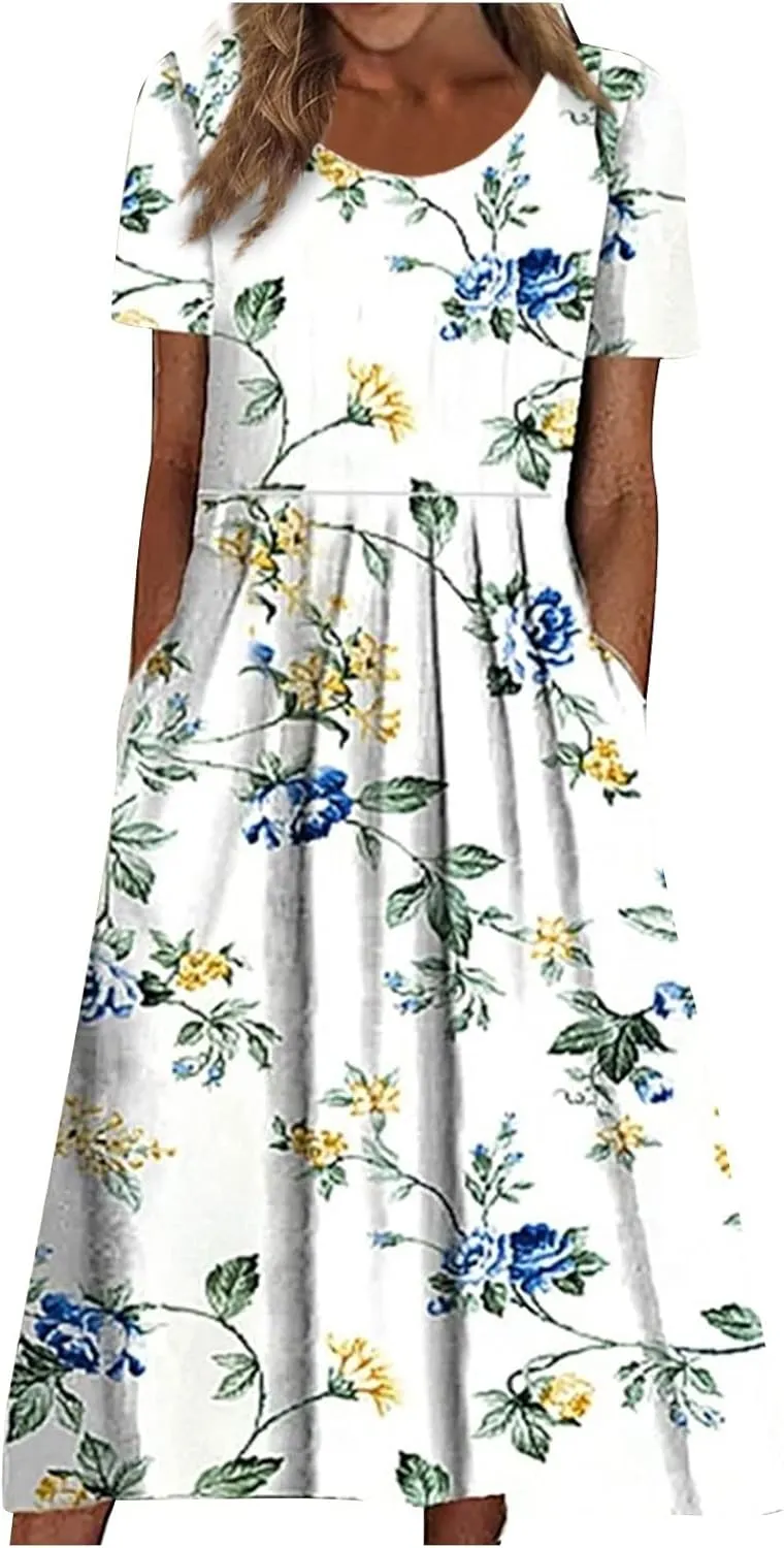 Dresses for Women 2025 Casual Summer Trendy Floral Dress Maxi Classy Sundresses Vacation Short Sleeve Sundress A Line