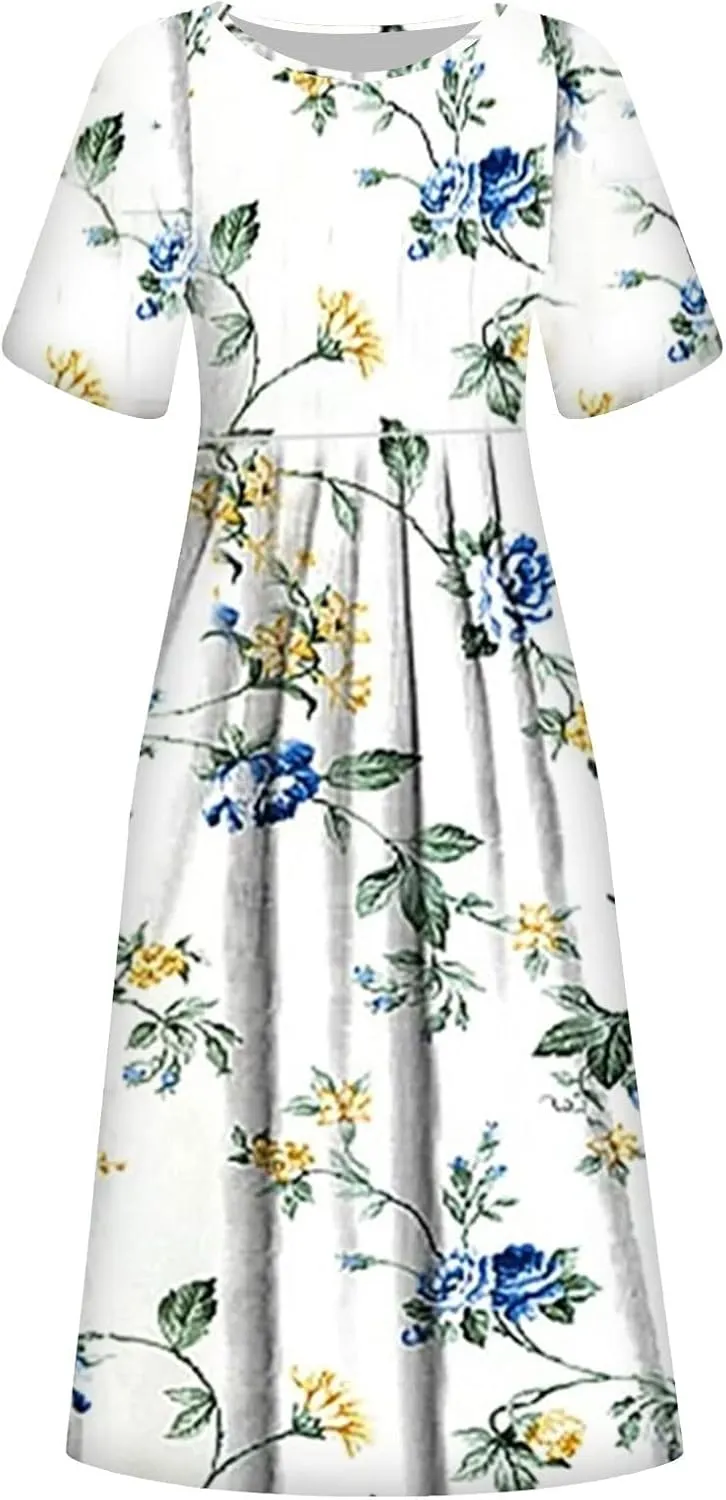 Dresses for Women 2025 Casual Summer Trendy Floral Dress Maxi Classy Sundresses Vacation Short Sleeve Sundress A Line