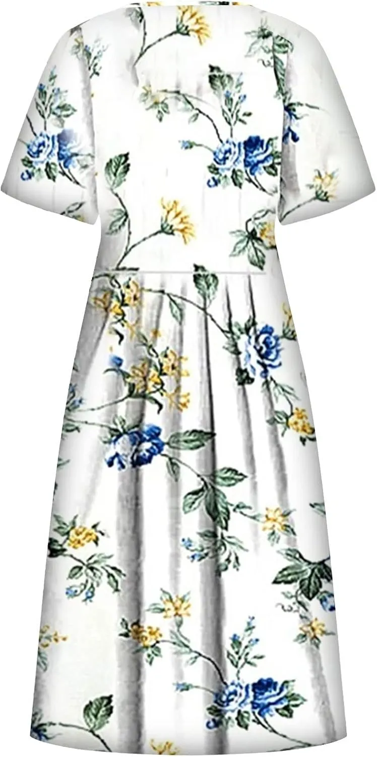 Dresses for Women 2025 Casual Summer Trendy Floral Dress Maxi Classy Sundresses Vacation Short Sleeve Sundress A Line
