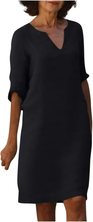 Elegant Formal Plus Size Summer Dress Sexy V Neck Long Sleeve Knee Length Dress Trendy Casual Linen Midi Dress