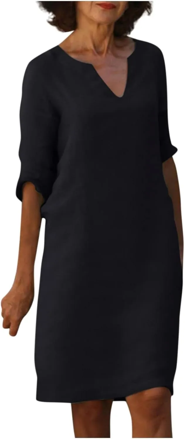 Elegant Formal Plus Size Summer Dress Sexy V Neck Long Sleeve Knee Length Dress Trendy Casual Linen Midi Dress