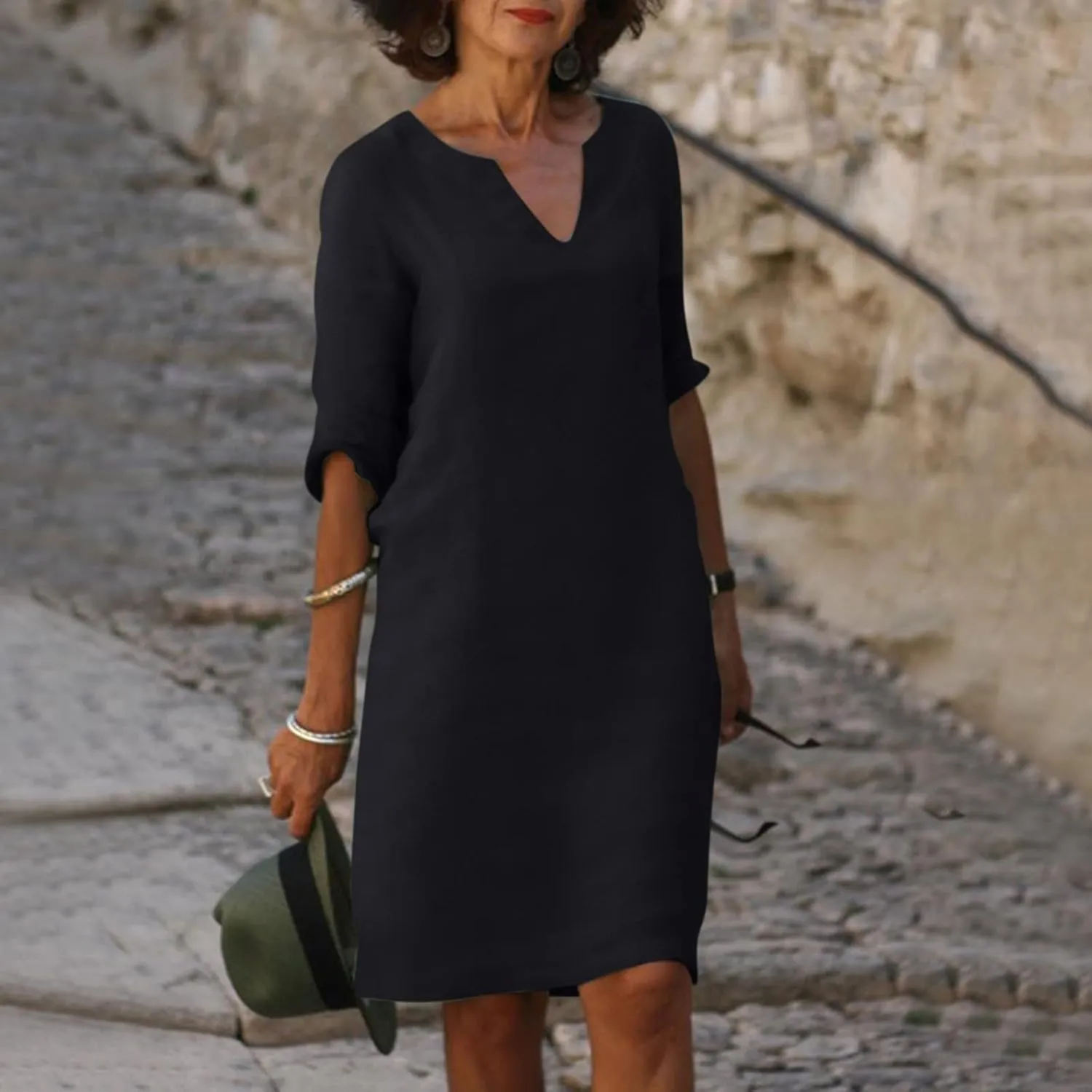 Elegant Formal Plus Size Summer Dress Sexy V Neck Long Sleeve Knee Length Dress Trendy Casual Linen Midi Dress