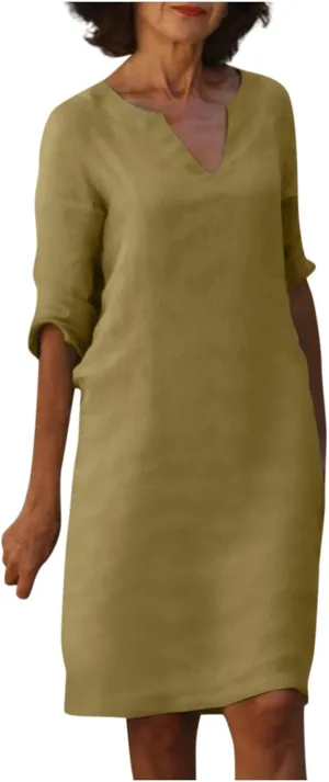 Elegant Formal Plus Size Summer Dress Sexy V Neck Long Sleeve Knee Length Dress Trendy Casual Linen Midi Dress