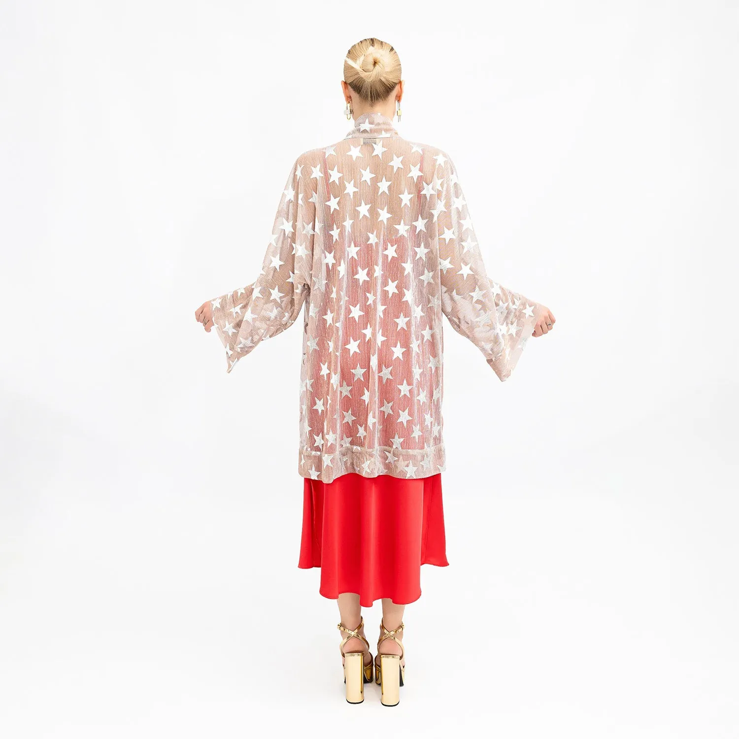 Golden Shimmering Mesh Silver Stars Kimono