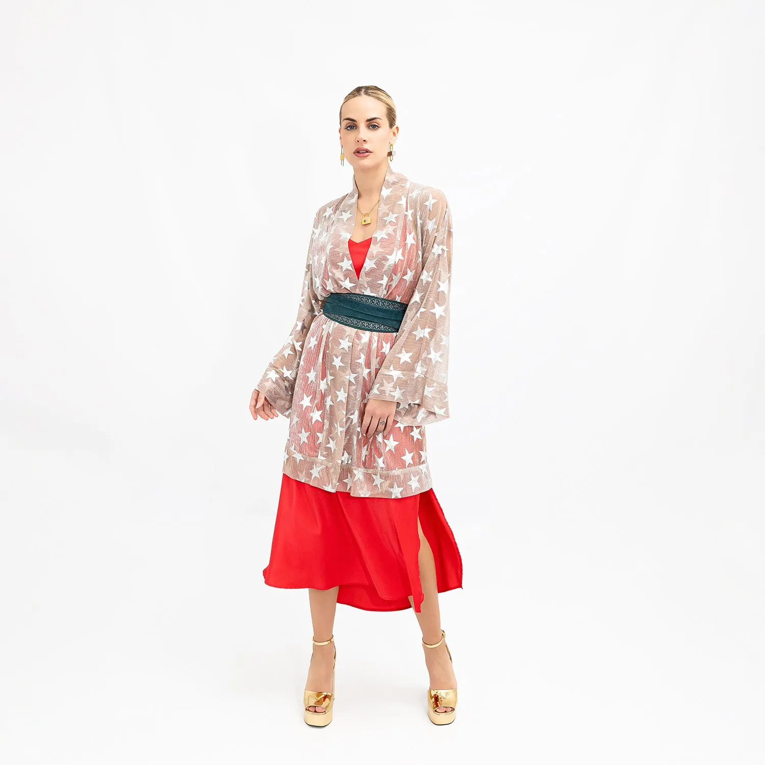 Golden Shimmering Mesh Silver Stars Kimono