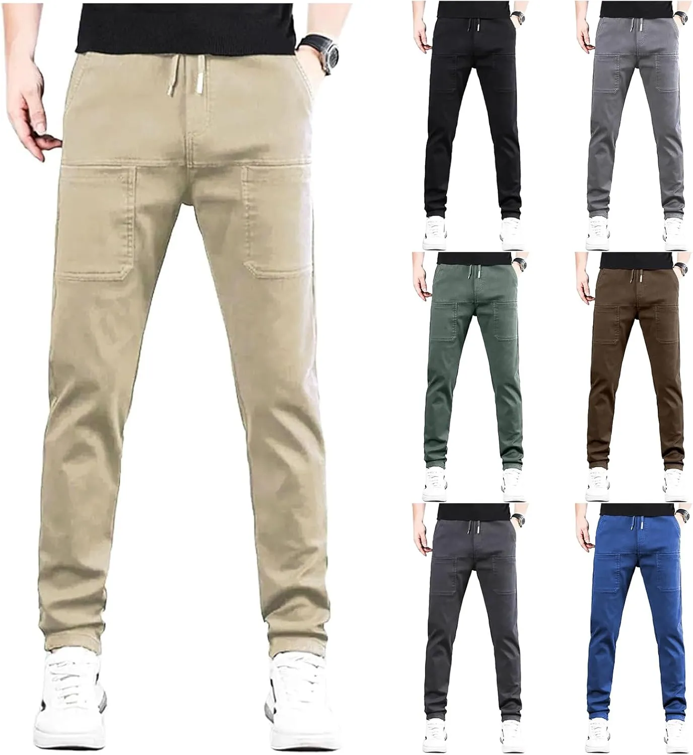 High Stretch Cargo Pants for Men,Durable Solid Color Long Pants with Multi-Pocket,Hiking Workout Joggers Sweatpants