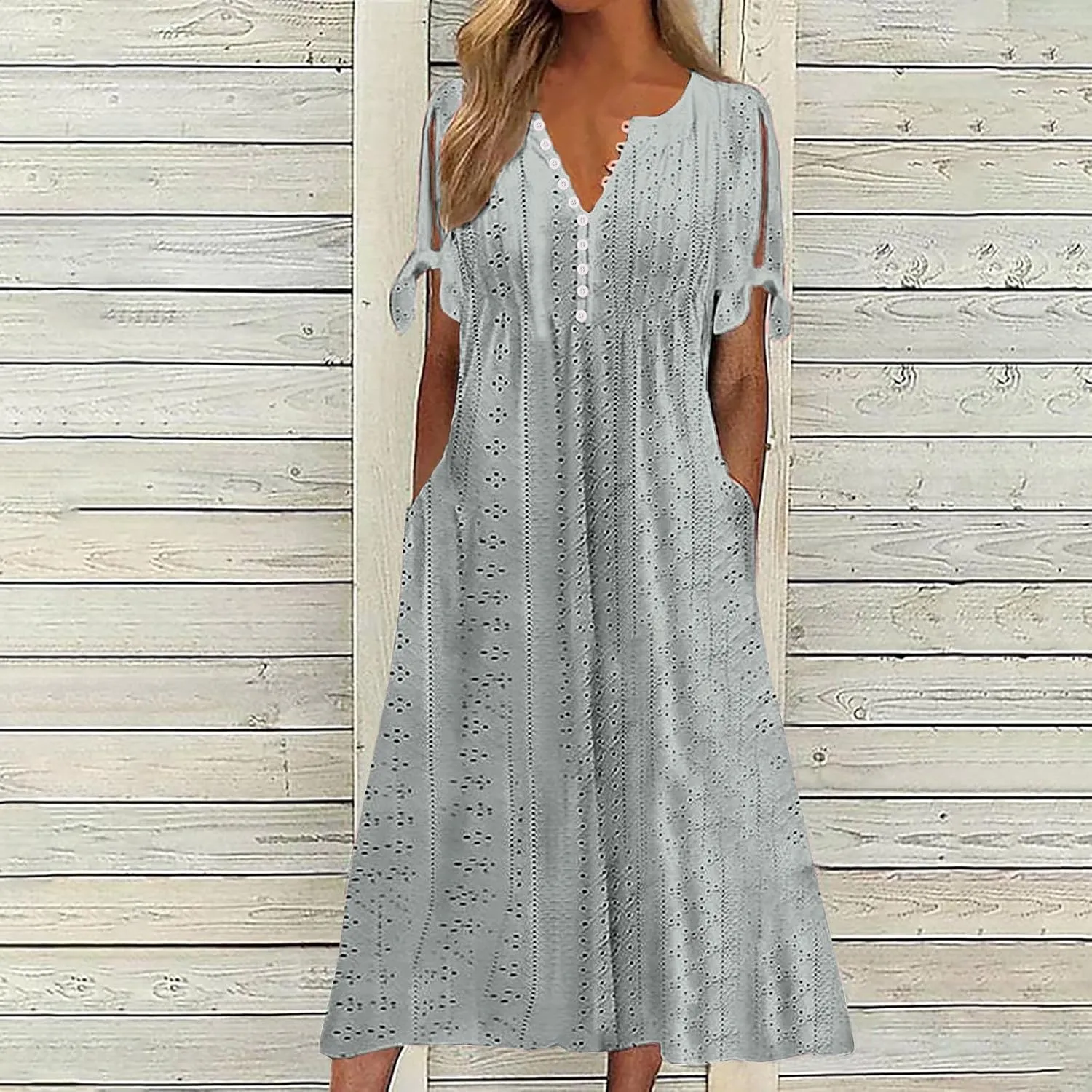 hlysgo Petite Dresses for Women Summer Boho Eyelet Embroidery Midi Dresses Beach Vacation Pleated Long Dress with Pockets