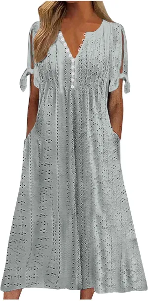 hlysgo Petite Dresses for Women Summer Boho Eyelet Embroidery Midi Dresses Beach Vacation Pleated Long Dress with Pockets
