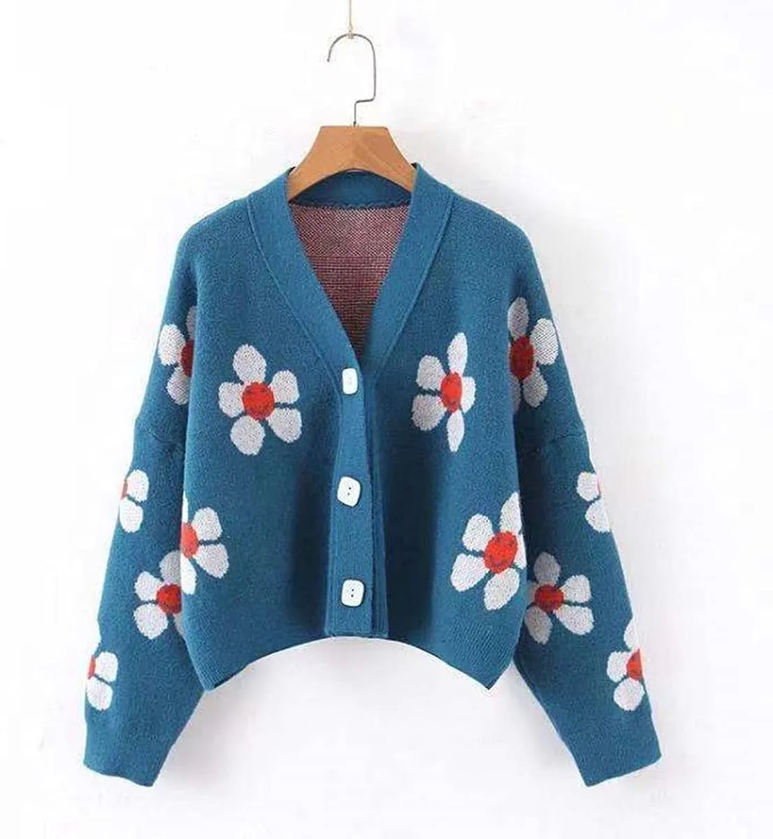 Hyipels Women's Long Sleeve Cardigan Sweater,Cute Y2K Top Knit Colorful Patterned V Neck Button Outwear S~XL