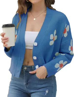 Hyipels Women's Long Sleeve Cardigan Sweater,Cute Y2K Top Knit Colorful Patterned V Neck Button Outwear S~XL