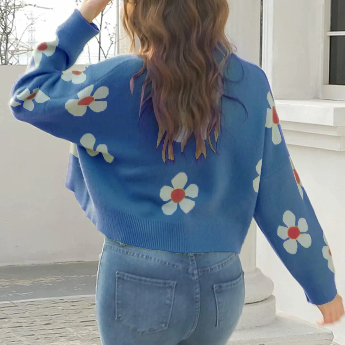 Hyipels Women's Long Sleeve Cardigan Sweater,Cute Y2K Top Knit Colorful Patterned V Neck Button Outwear S~XL
