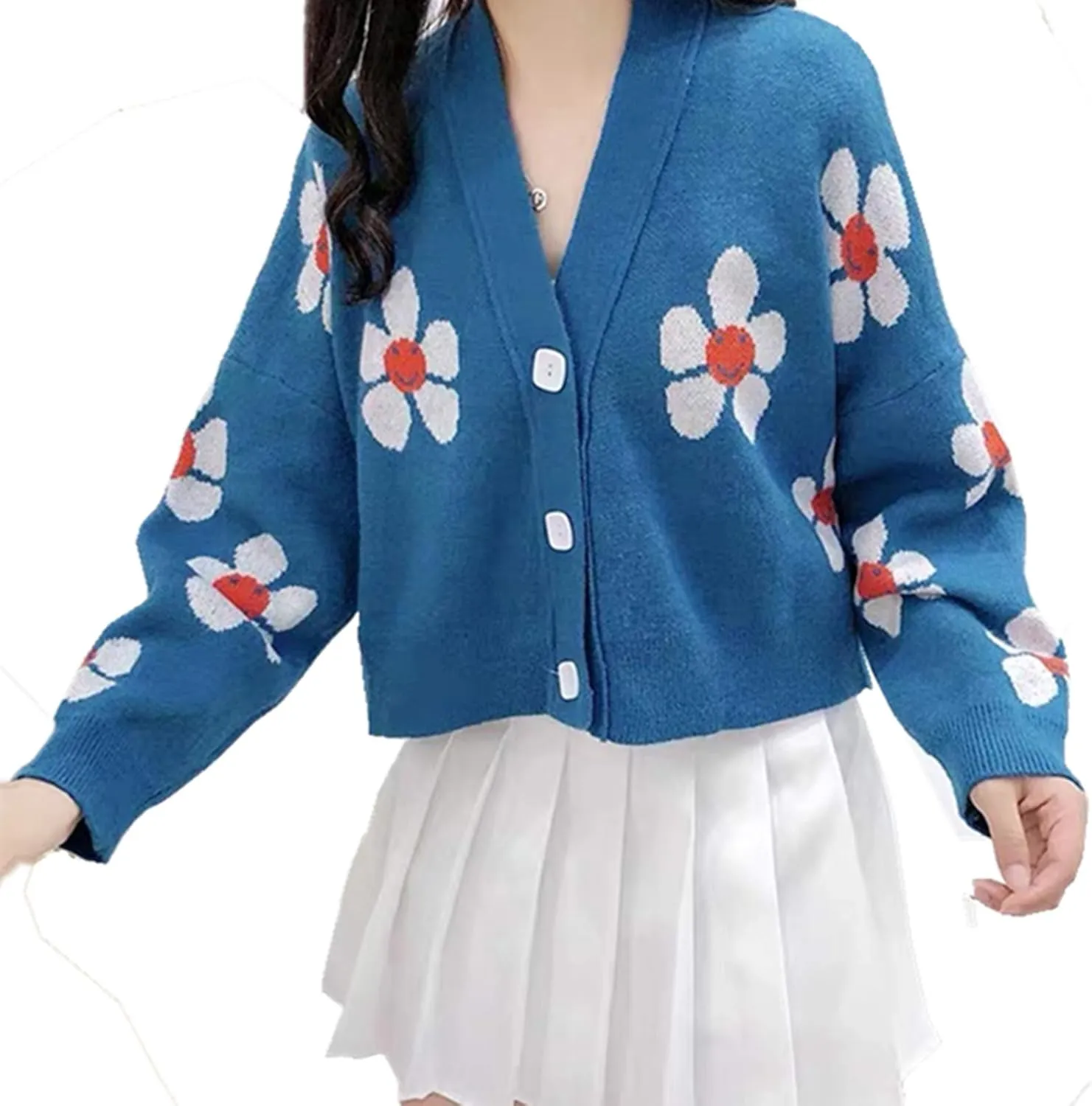 Hyipels Women's Long Sleeve Cardigan Sweater,Cute Y2K Top Knit Colorful Patterned V Neck Button Outwear S~XL